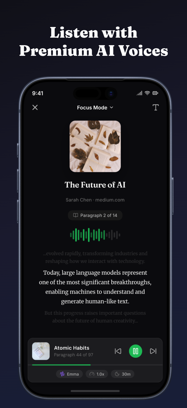 Focus Mode — Listen with Premium AI Voices