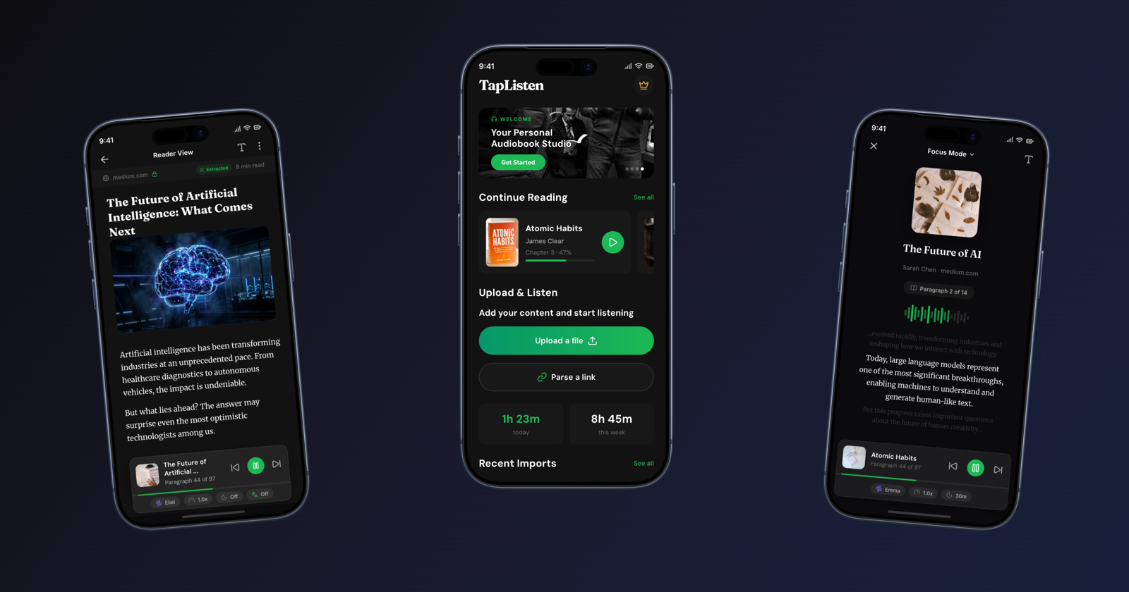 TapListen app showing Reader View, Home Screen, and Focus Mode